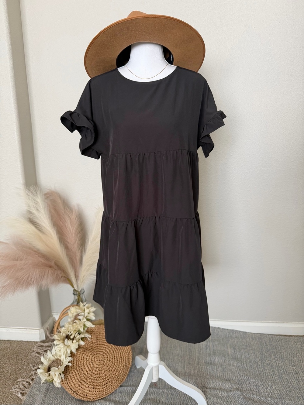 Black Short Sleeve Tiered Dress